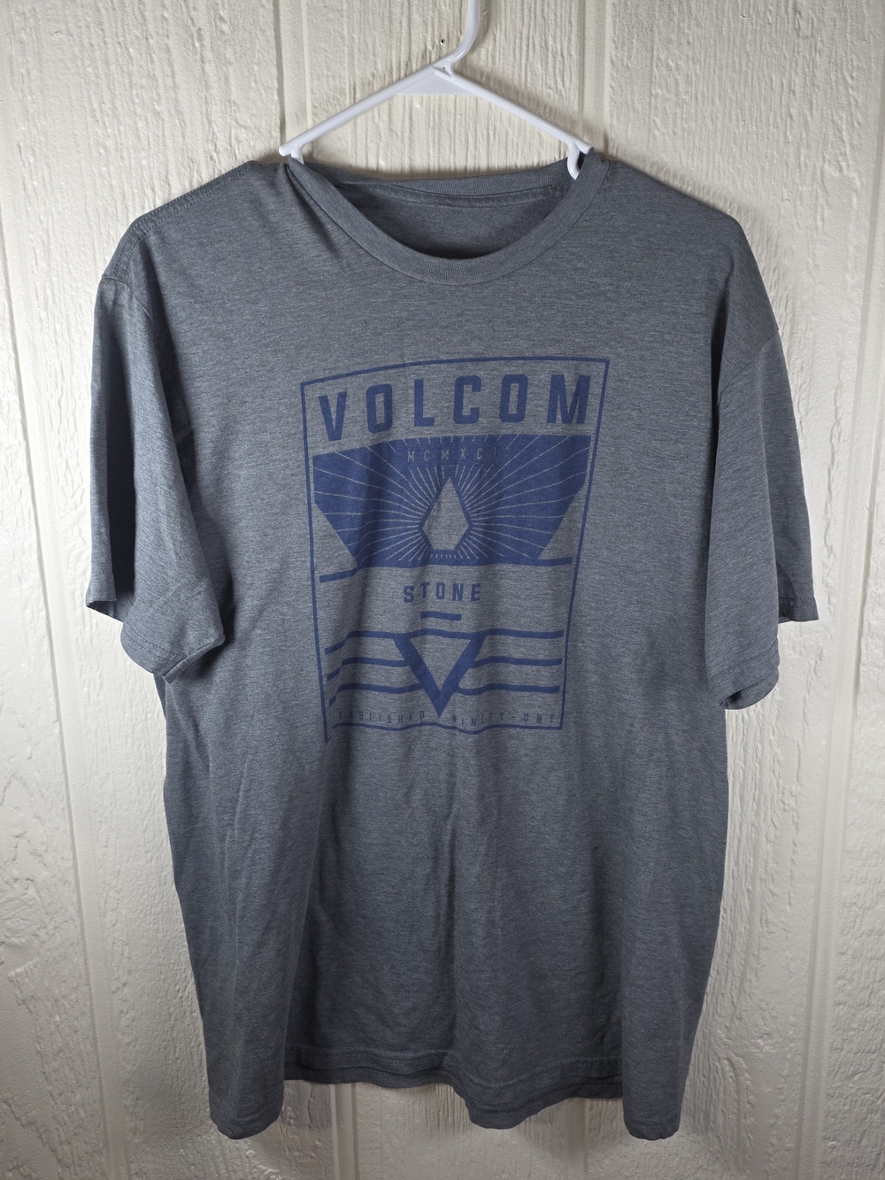 Men's Volcom Gray Tee with Blue Logo Graphic, Size XL